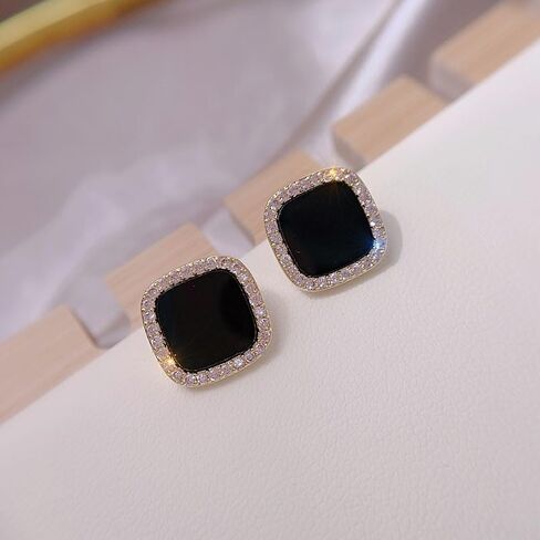 Minimalist Black Onyx Stud Earrings with CZ - Geometric Vintage Design, Oval Square Vintage Geometric Drop Earrings with Rhinestone for Women in Kuwait