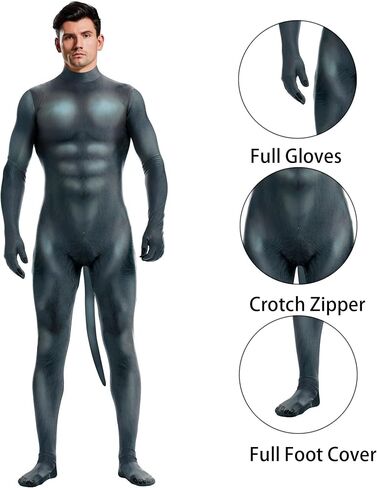 Men's Halloween Bodysuit Muscle Animal Printed Cosplay Skinny Catsuit Fullbody Jumpsuit Costumes with Tail in Saudi Arabia