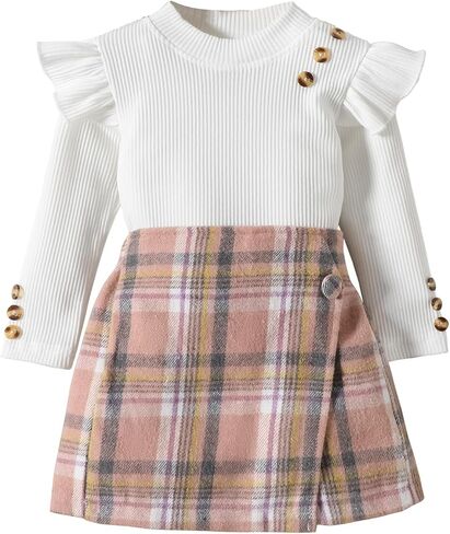 Fernvia Toddler Girl Fall Winter Clothes Ruffles Long Sleeve Shirt and Plaid Shorts Skirt Kids Little Girl 2Pcs Outfits Set in Saudi Arabia