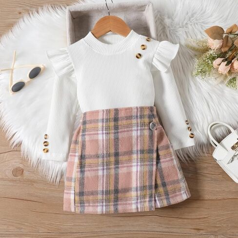 Fernvia Toddler Girl Fall Winter Clothes Ruffles Long Sleeve Shirt and Plaid Shorts Skirt Kids Little Girl 2Pcs Outfits Set in Saudi Arabia