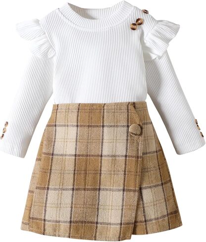 Fernvia Toddler Girl Fall Winter Clothes Ruffles Long Sleeve Shirt and Plaid Shorts Skirt Kids Little Girl 2Pcs Outfits Set in Saudi Arabia