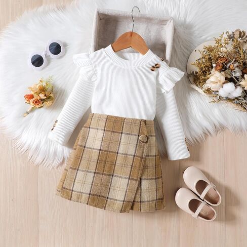 Fernvia Toddler Girl Fall Winter Clothes Ruffles Long Sleeve Shirt and Plaid Shorts Skirt Kids Little Girl 2Pcs Outfits Set in Saudi Arabia