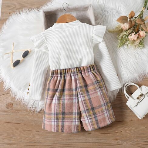 Fernvia Toddler Girl Fall Winter Clothes Ruffles Long Sleeve Shirt and Plaid Shorts Skirt Kids Little Girl 2Pcs Outfits Set in Saudi Arabia