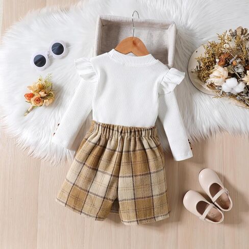 Fernvia Toddler Girl Fall Winter Clothes Ruffles Long Sleeve Shirt and Plaid Shorts Skirt Kids Little Girl 2Pcs Outfits Set in Saudi Arabia
