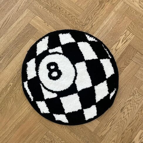 LAKEA Circular Checkerboard Pattern Tufted Rug No.8 Billiards Mat Korean Style Soft Living Room Carpet Area Floor Pad Doormat Decor (Black) in Saudi Arabia