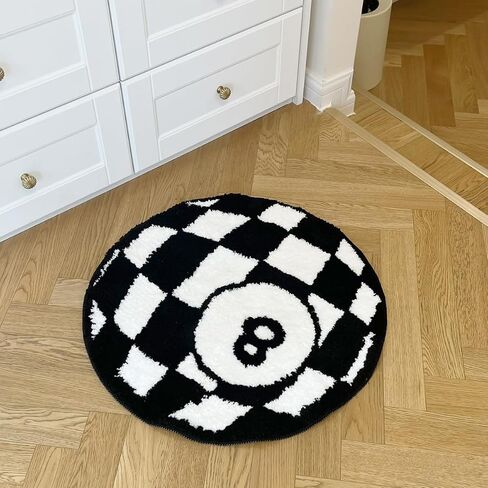 LAKEA Circular Checkerboard Pattern Tufted Rug No.8 Billiards Mat Korean Style Soft Living Room Carpet Area Floor Pad Doormat Decor (Black) in Saudi Arabia