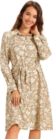Allegra K Floral Button Down Dress for Women's Collar Long Sleeve Tie Belted Shirt Dresses in Kuwait