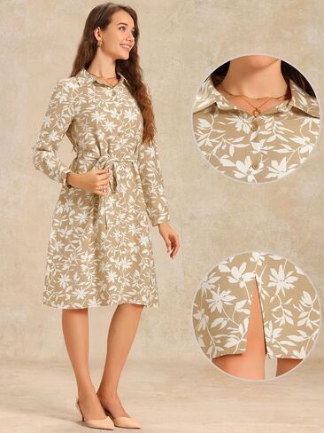 Allegra K Floral Button Down Dress for Women's Collar Long Sleeve Tie Belted Shirt Dresses in Kuwait
