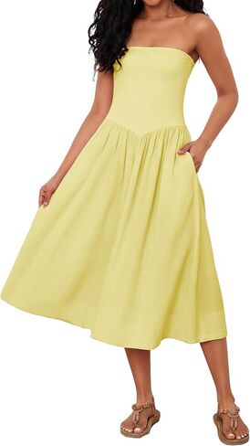 OLAPTA Women Strapless Tube Top Maxi Dresses Patchwork Casual Sleeveless Backless Dresses Swing Basic Solid Dress with Pocket(Large,Yellow) in Saudi Arabia