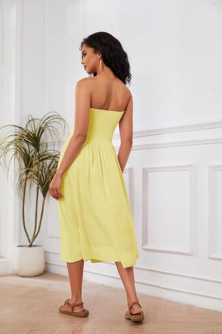 OLAPTA Women Strapless Tube Top Maxi Dresses Patchwork Casual Sleeveless Backless Dresses Swing Basic Solid Dress with Pocket(Large,Yellow) in Saudi Arabia