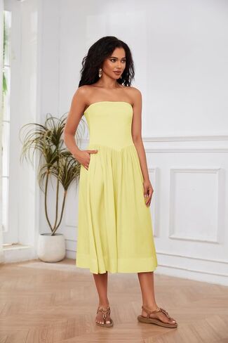 OLAPTA Women Strapless Tube Top Maxi Dresses Patchwork Casual Sleeveless Backless Dresses Swing Basic Solid Dress with Pocket(Large,Yellow) in Saudi Arabia