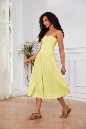 OLAPTA Women Strapless Tube Top Maxi Dresses Patchwork Casual Sleeveless Backless Dresses Swing Basic Solid Dress with Pocket(Large,Yellow) in Saudi Arabia
