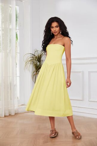 OLAPTA Women Strapless Tube Top Maxi Dresses Patchwork Casual Sleeveless Backless Dresses Swing Basic Solid Dress with Pocket(Large,Yellow) in Saudi Arabia