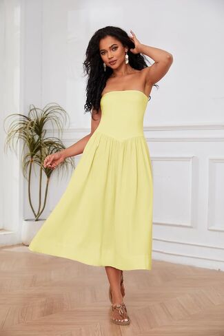 OLAPTA Women Strapless Tube Top Maxi Dresses Patchwork Casual Sleeveless Backless Dresses Swing Basic Solid Dress with Pocket(Large,Yellow) in Saudi Arabia