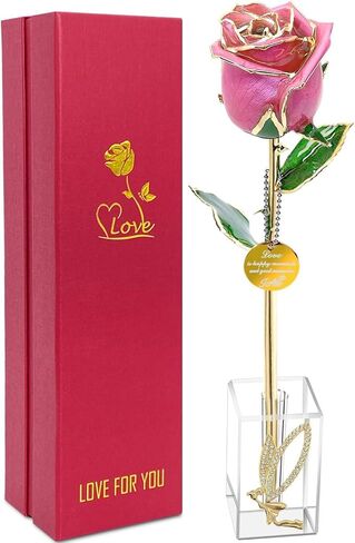 24k Gold Rose Valentines Day Gifts for Her Women,Real Rose Dipped 24K Gold,Best Gifts for Valentines Day Christmas Birthday Anniversary for Women,Mom,Grandma(Pink,Crystal Stand) in Saudi Arabia
