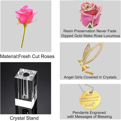 24k Gold Rose Valentines Day Gifts for Her Women,Real Rose Dipped 24K Gold,Best Gifts for Valentines Day Christmas Birthday Anniversary for Women,Mom,Grandma(Pink,Crystal Stand) in Saudi Arabia