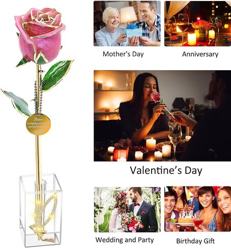 24k Gold Rose Valentines Day Gifts for Her Women,Real Rose Dipped 24K Gold,Best Gifts for Valentines Day Christmas Birthday Anniversary for Women,Mom,Grandma(Pink,Crystal Stand) in Saudi Arabia