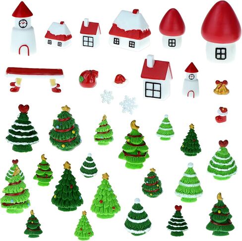 HOVEOX 35 Pieces Christmas Miniature Ornaments Mini Christmas Figurines Snowy Winter Garden Snow Figurines Miniature Christmas Tree Christmas Decoration for Christmas Party in Saudi Arabia
