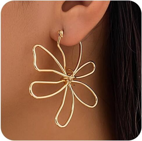 Large Gold Flower Earrings for Women Gold Pearl Flower Earrings Silver Openwork Large Flower Stud Earrings Delicate Line Flower Earrings for Women Jewelry in Kuwait