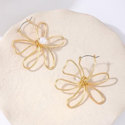 Large Gold Flower Earrings for Women Gold Pearl Flower Earrings Silver Openwork Large Flower Stud Earrings Delicate Line Flower Earrings for Women Jewelry in Kuwait