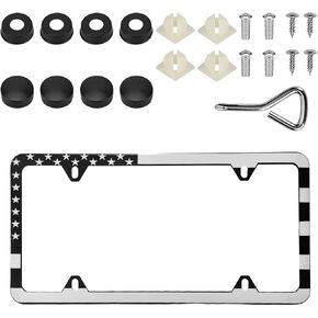 American Flag License Plate Frames, Retro Patriotic USA Car Plate Frame, Aluminum License Plate Holder with Free Screws Fasteners Caps Tool, Car Decoration Accessories (Black)