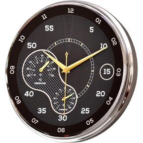 Chrome Plated Metal Wall Clock with Temperature and Humidity 12.2 Inch,Modern Decorative Wall Clocks Silent Non-Ticking Battery Operated for Living Room,Kitchen,Office,Garage(Gold)