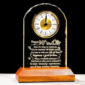 Ornalrist Happy 90th Birthday Quartz Clock Gifts for Men Women, 90 Years Old Birthday Present for Parents, 90th Birthday Gift for Couple Grandparents, Quartz Clock with Wooden LED Light Base