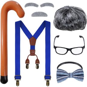 Old Man Costume Accessories, Old Man Glasses Cane Wig Suspenders Bow Tie Beards for 100 Days of School Grandpa Costume Boys