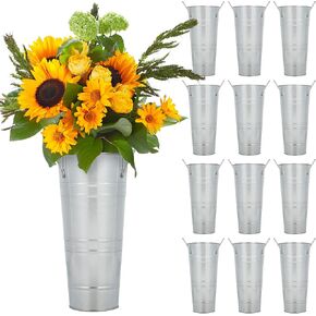 12 Pack Galvanized Flower Bucket Vase 8" x 7", French Farmhouse Galvanized Buckets with Handles, Heavy Duty Flower Vase for Wedding Table Centerpiece Decoration and DIY Floral Arrangements
