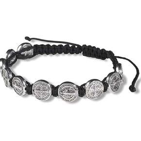 CB Silver Tone Saint Benedict Medal on Adjustable Black Cord Wrist Bracelet, 8 Inch