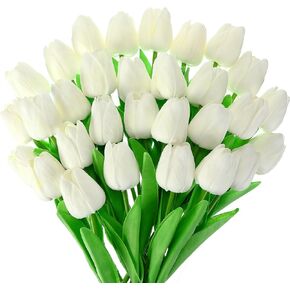 Lyrow 30 Pcs Tulips Artificial Tulips Bouquet Real Touch Flowers Faux Tulips for Home Kitchen Wedding Decorations, Gift Idea for Easter Decor Mother's Day Birthdays (Plum Pink)