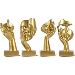 Gold Abstract Thinker Figurine Set of 4, Home Art Face Small Statue for Accents Decor Women Bedroom Shelf Bookcase Room Desk, TV Stand, Coffee Table Decor, Art Sculpture Gifts for Women (Gold)