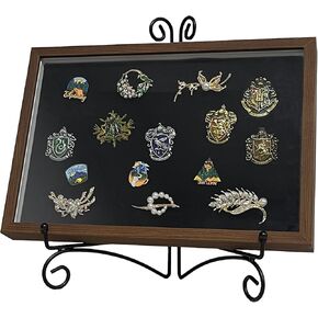 Shadow Box Pin Display Case with Tabletop Display Stand for Medal & Jewelry Pin Collection, Wall Mounted or Desktop Display Box with Sliding Acrylic Door, 12.6 x 8.7 x 1.26 inches, Brown Wood Frame