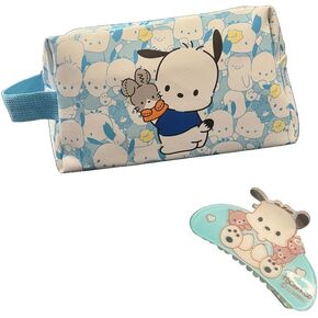 4 Piece Self Care Set Makeup Bag Kawaii Anime Cute Cosmetic Travel with Headband Wristband Hair Clips Beauty Cartoon (Blue Roll)
