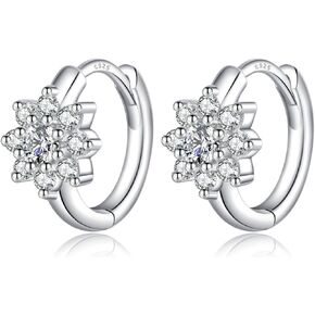 Reffeer Solid 925 Sterling Silver CZ Flower Hoop Earrings Huggie for Women Teens Cluster Flower Hoop Earrings Spring