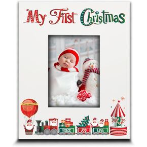 BELLA BUSTA-My First Christmas Picture Frame-Babys 1st Christmas-The Santa Train -Merry Christmas-Peace-Joy-Love-UV Print Picture Frame (4x6 Vertical)