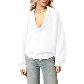 MISSACTIVER Women's Low Cut U Neck Oversized Sweater Casual Solid Long Sleeve Drop Shoulder 2024 Winter Pullover Jumper Tops