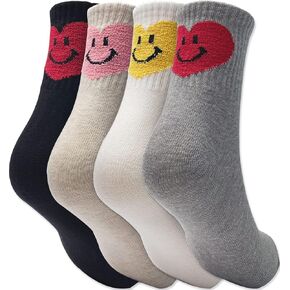 جوارب Happy Face Fun Design Positive Smile Fuzzy Heart Back Point Quarter للنساء مجموعة 4P in Kuwait