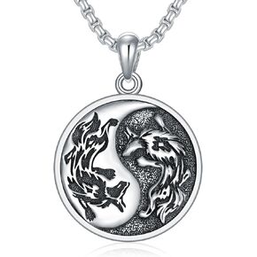 SIMONLY Wolf Necklace 925 Sterling Silver Witcher Medallion Black/Gold/Silver Yin Yang Necklace Wolf Jewelry Christmas Birthday Gifts for Men Women Unisex