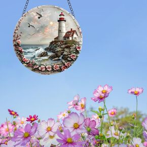 Lighthouse Acrylic Window Hanging Watchtower Seagulls Flower Stained Suncatchers for Window Acrylic Panels Bedroom Garden Kitchen Wall Decoration Gifts for Women Mom Grandma Teacher