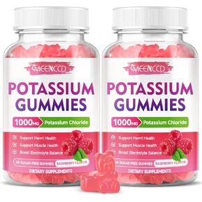 2 Pack Potassium Gummies, Potassium Chloride 1000mg for Adults, Sugar-Free Potassium Supplement Gummies Support Electrolyte Balance & Leg Cramps for Women & Men, Raspberry Flavor, 120 Count