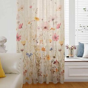 Botanical Wildflower Window Curtains 84 Inches Long,Semi Sheer Rod Pocket Chiffon Curtains & Drapes Drapery Voile Draperies Window Treatment for Living Room/Bedroom,Retro Colored Spring Floral Herb
