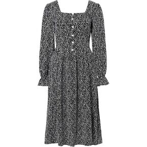 Women's Casual Floral Square Neck Button Long Sleeve Blouse Elastic Waist Tie Ruffle Hem Maxi Dresses