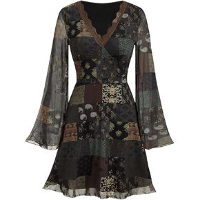 Women's Vintage Dress Tribal Print Bell Long Sleeve Mesh Dress Scalloped V Neck High Waist A Line Dress