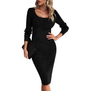 Women's Fall Long Sleeve Sweater Dress Square Neck Side Bodycon Ribbed Knit Slim Fit Dress Business Casual Outfits
