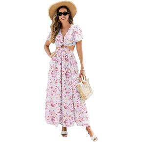 Women Floral Print Cut-Out Maxi Dress Elegant Polyester Summer Dress for Women Travel Vacation