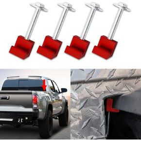 4PCS Truck Tool Box Mounting Kit, Truck Box Hooks, Pickup Truck Tool Box Tie Downs Aluminum J Hook Crossover with Screws and Washers, Tool Box Clamps for Fixing Pickup Truck Tool Box (Red)