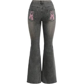 MakeMeChic Women's Butterfly Embroidered Bell Bottom Flare Jeans Y2k Denim Pants