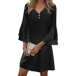 Women’s Summer Casual Dress 2025 Trendy 3/4 Wave Bell Sleeve Button V Neck Flowy Dresses with Pockets