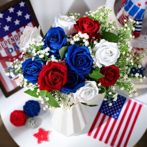 20 Pcs 4th of July Flowers Artificial in Bulk Patriotic Flowers Rose Lifelike Gypsophila Silk Roses and Artificial Baby Breath Flowers Long Stem Bouquet(Red)